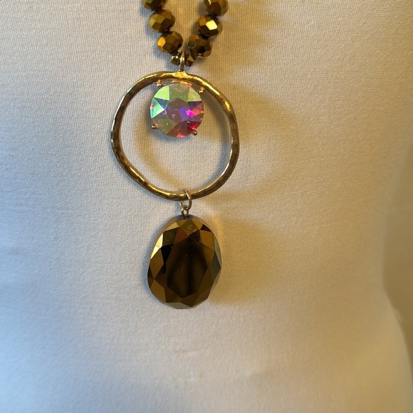 Gold Crystal Long Necklace with Hoop Detail Teardrop Crystal NWT - Picture 2 of 5